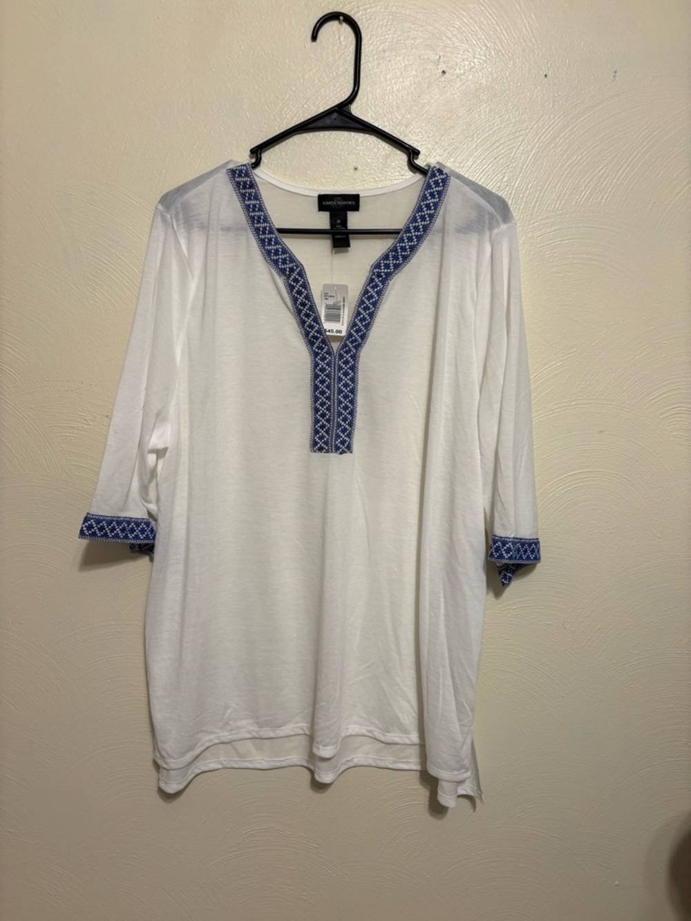 NWT Karen Brooks 2X White Tunic Top Blue Embroidered Trim Plus Size
